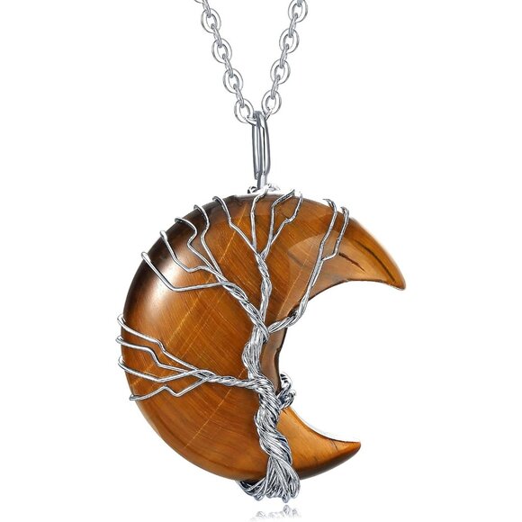 Women's Brown Crescent Moon Tree Wire Wrapped Crystal Natural Gemstone Necklace - Picture 1 of 6